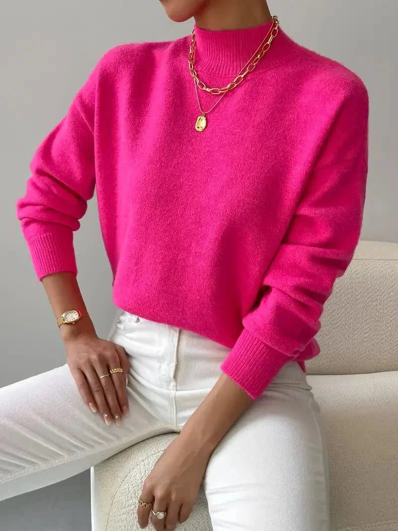 Women's Versatile Rib Knit Sweater with Roll Collar