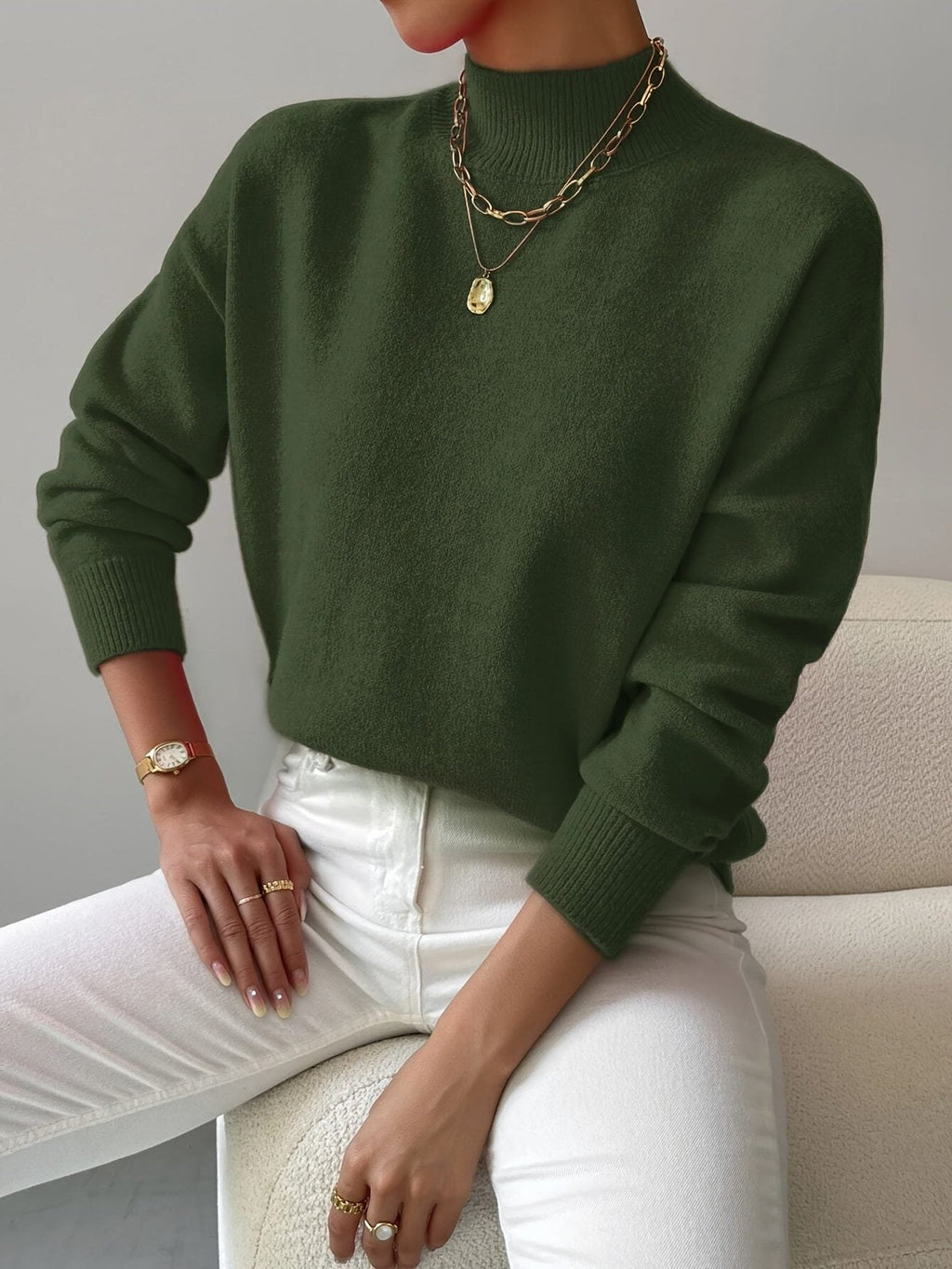 Women's Versatile Rib Knit Sweater with Roll Collar