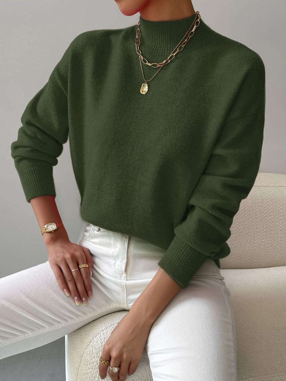 Women's Versatile Rib Knit Sweater with Roll Collar