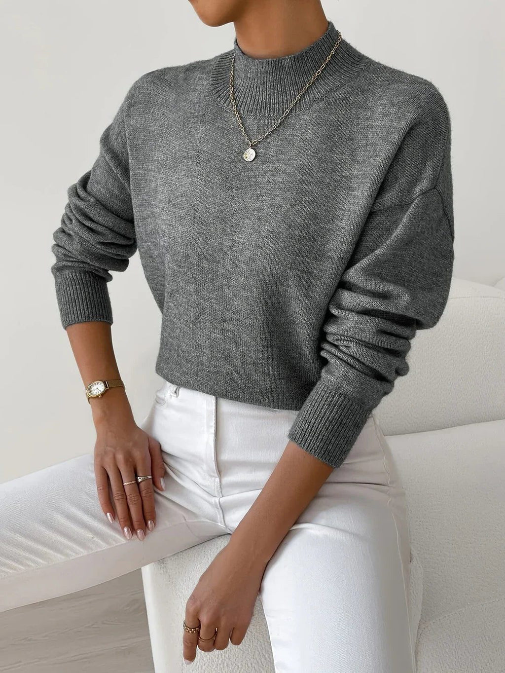 Women's Versatile Rib Knit Sweater with Roll Collar