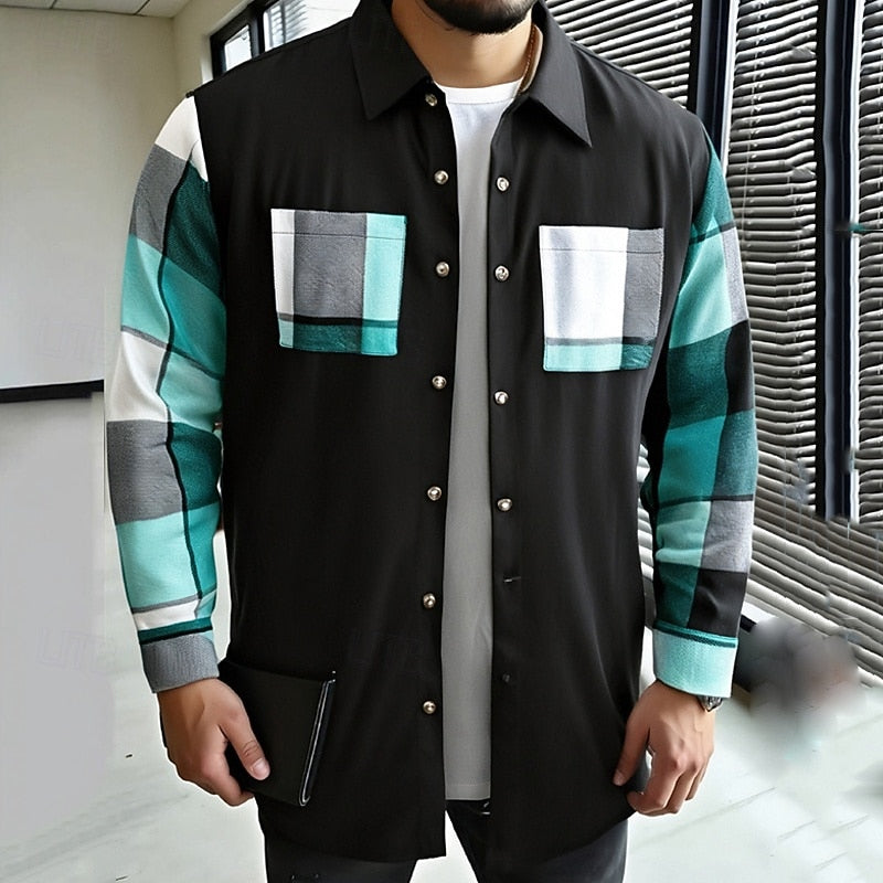 Men's Contrast-Paneled Button-Front Shirt Coat