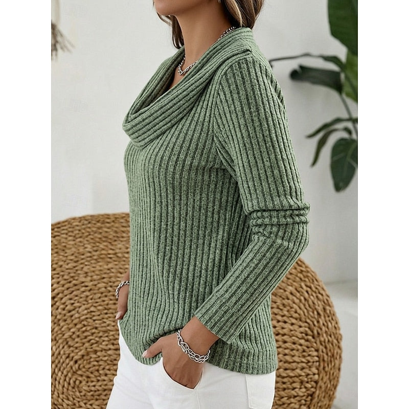 Women's Cozy Ribbed Knit Cowl Collar Sweater