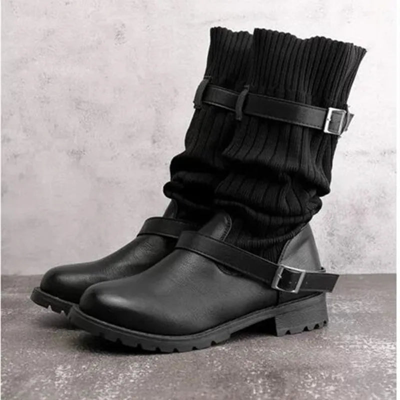 Women's Cozy Slouchy Knit Cold Weather Boots with Buckles
