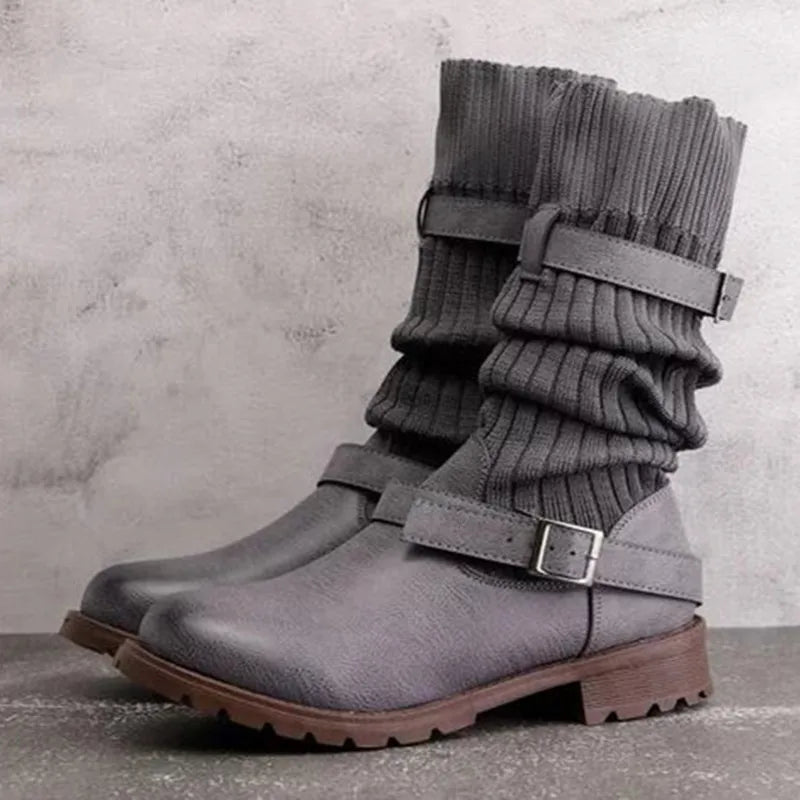 Women's Cozy Slouchy Knit Cold Weather Boots with Buckles