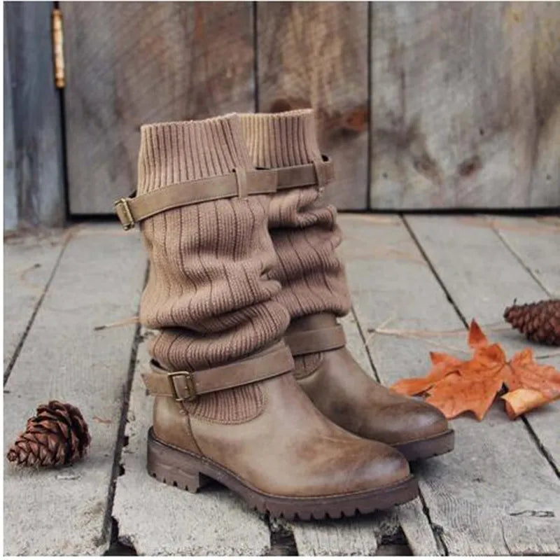 Women's Cozy Slouchy Knit Cold Weather Boots with Buckles