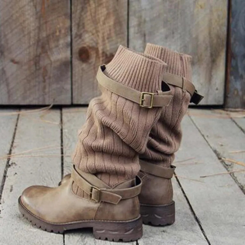 Women's Cozy Slouchy Knit Cold Weather Boots with Buckles