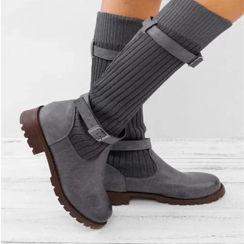 Women's Cozy Slouchy Knit Cold Weather Boots with Buckles