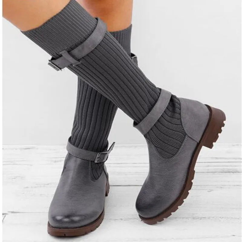 Women's Cozy Slouchy Knit Cold Weather Boots with Buckles