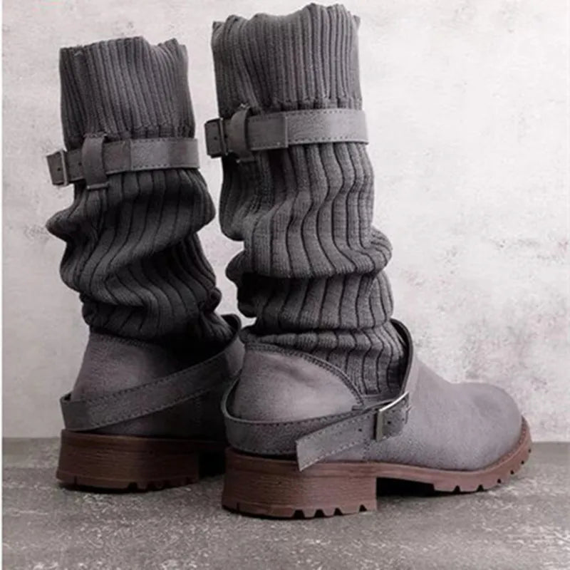 Women's Cozy Slouchy Knit Cold Weather Boots with Buckles