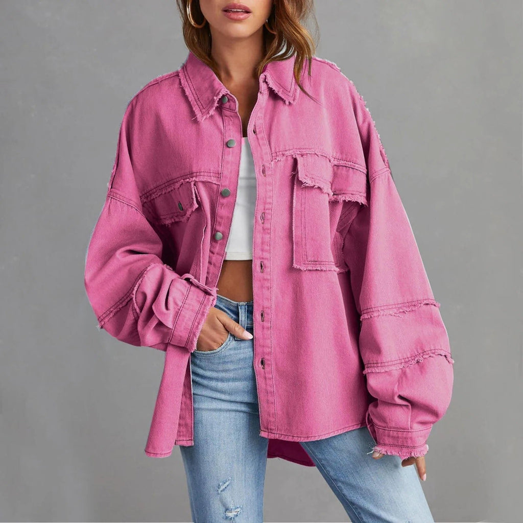 Women's Roomy Distressed Jean Jacket with Snap Front