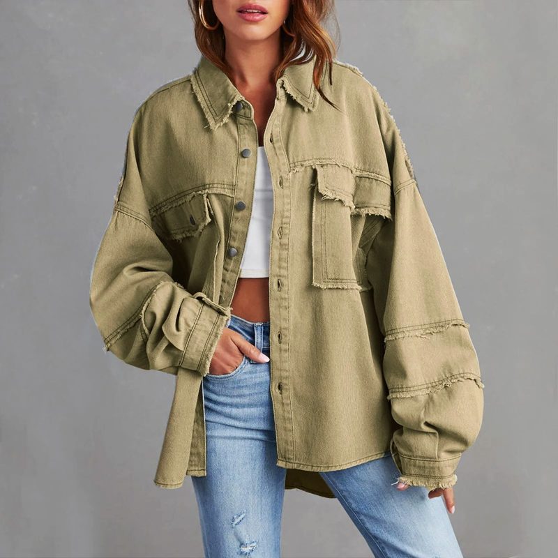 Women's Roomy Distressed Jean Jacket with Snap Front