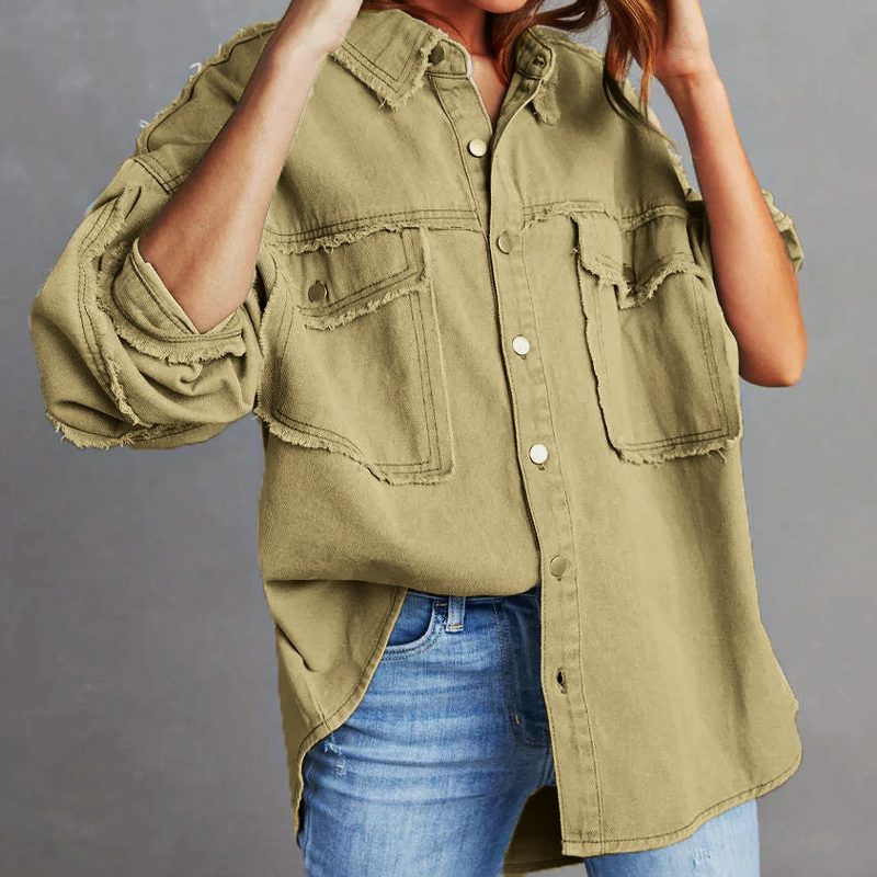 Women's Roomy Distressed Jean Jacket with Snap Front