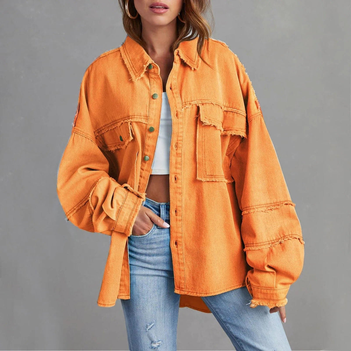 Women's Roomy Distressed Jean Jacket with Snap Front