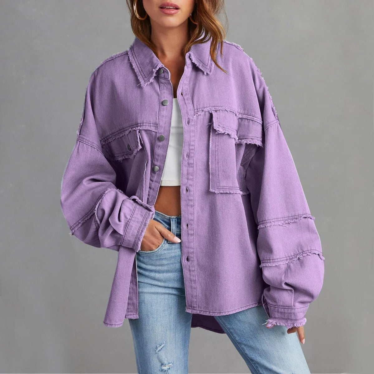 Women's Roomy Distressed Jean Jacket with Snap Front