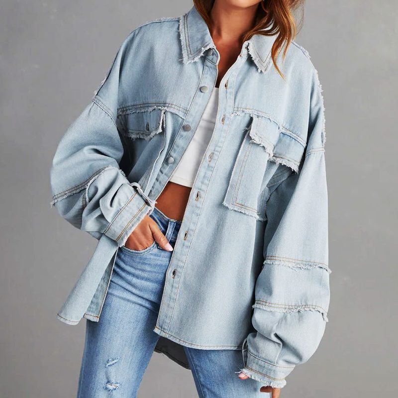 Women's Roomy Distressed Jean Jacket with Snap Front
