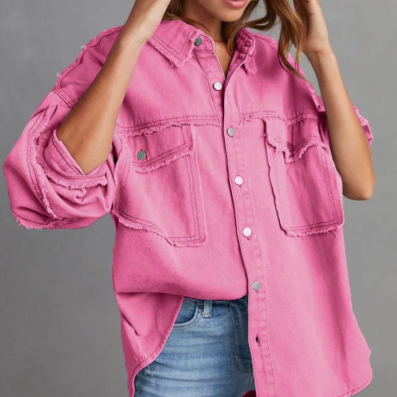 Women's Roomy Distressed Jean Jacket with Snap Front
