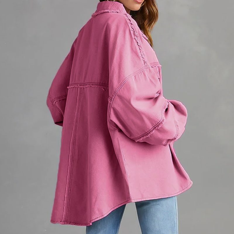 Women's Roomy Distressed Jean Jacket with Snap Front