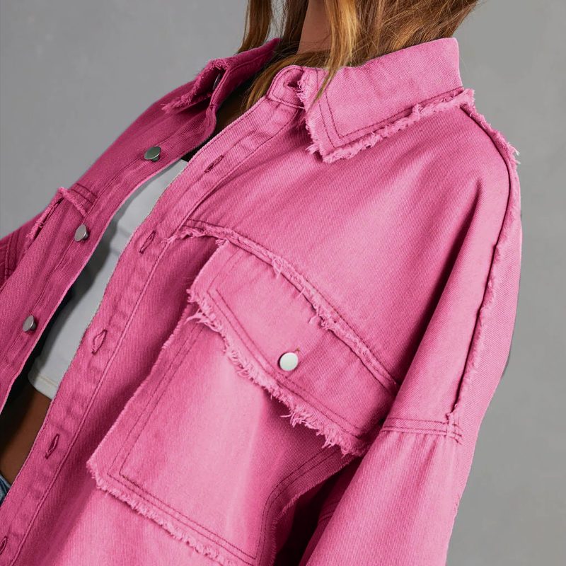 Women's Roomy Distressed Jean Jacket with Snap Front