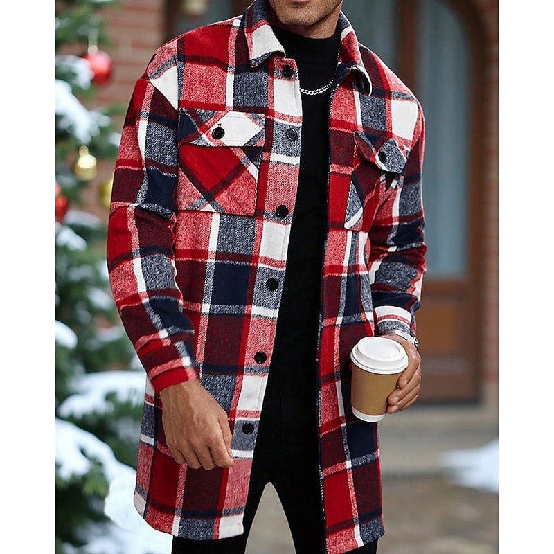 Men's Button-Front Checked Shirt Jacket with Pockets