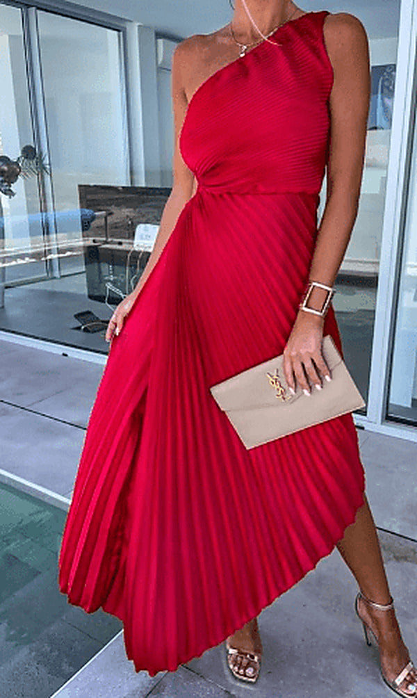 Women's Asymmetric Shoulder Pleated Formal Maxi Gown