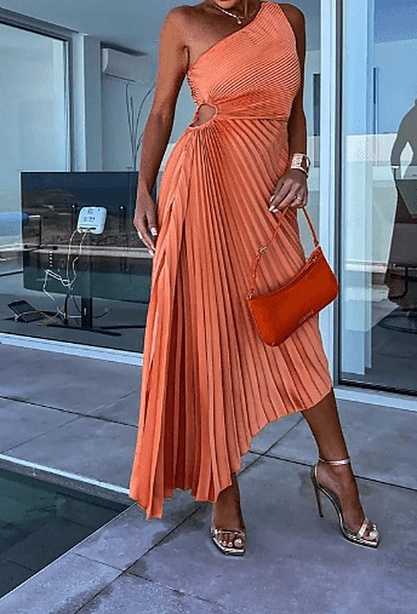 Women's Asymmetric Shoulder Pleated Formal Maxi Gown