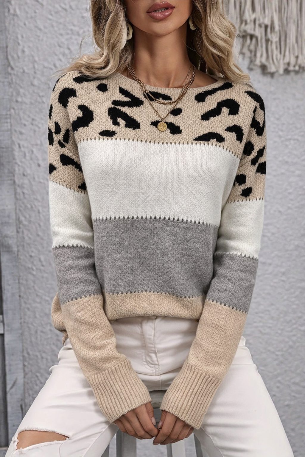 Women's Leopard Pattern Round Neck Everyday Sweater