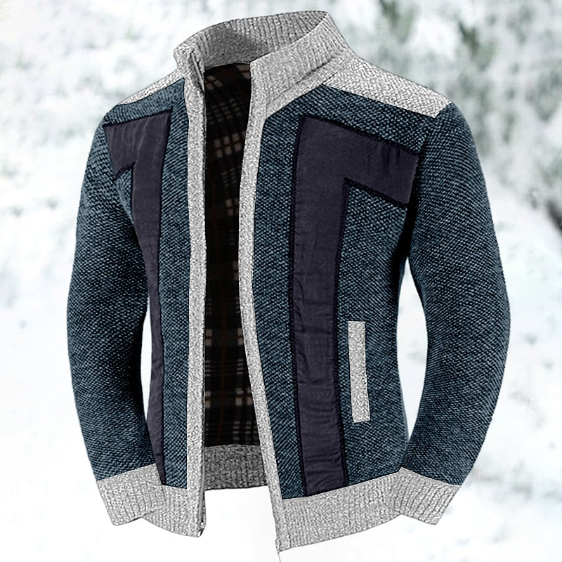 Men's Pocketed Zip-Up Lined Blocked Knit Cardigan Coat