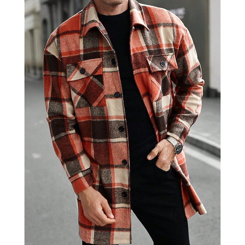 Men's Button-Front Checked Shirt Jacket with Pockets