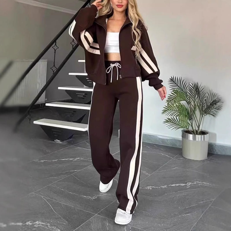 Women's Sporty Zip-Up Jacket Wide Leg Pants Tracksuit