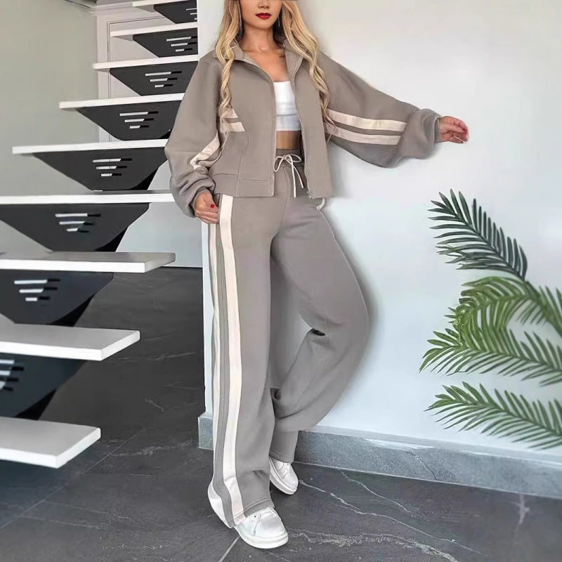 Women's Sporty Zip-Up Jacket Wide Leg Pants Tracksuit