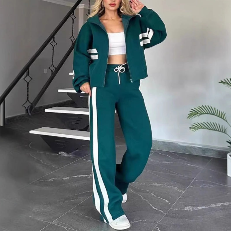 Women's Sporty Zip-Up Jacket Wide Leg Pants Tracksuit