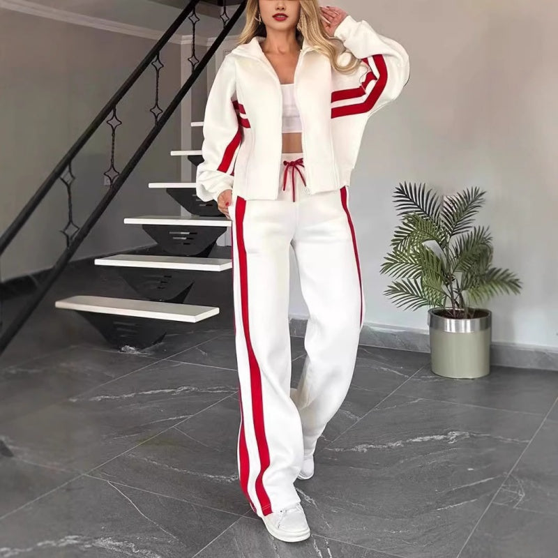 Women's Sporty Zip-Up Jacket Wide Leg Pants Tracksuit