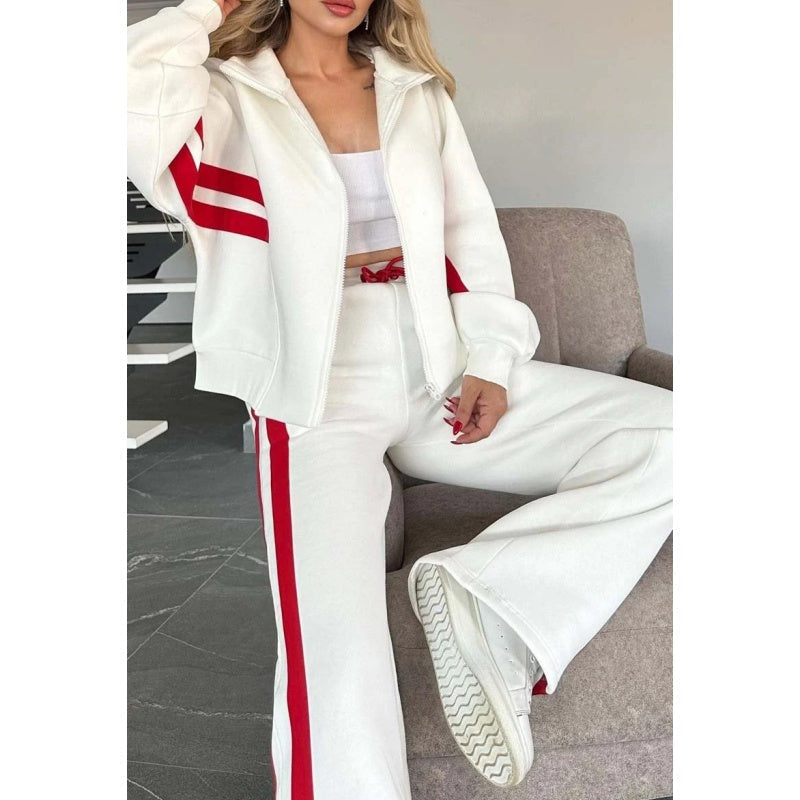 Women's Sporty Zip-Up Jacket Wide Leg Pants Tracksuit