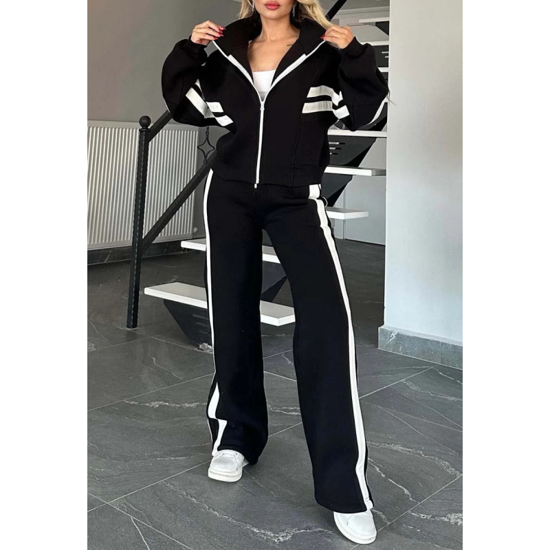 Women's Sporty Zip-Up Jacket Wide Leg Pants Tracksuit