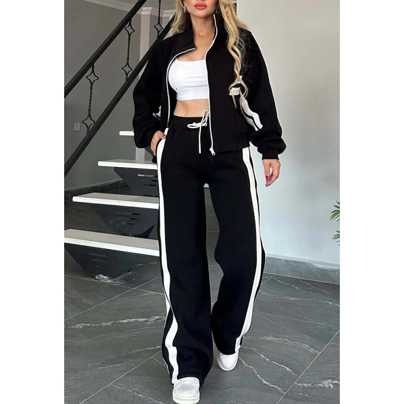Women's Sporty Zip-Up Jacket Wide Leg Pants Tracksuit