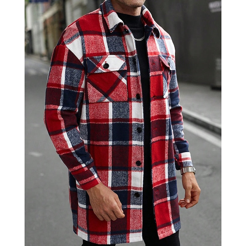 Men's Button-Front Checked Shirt Jacket with Pockets