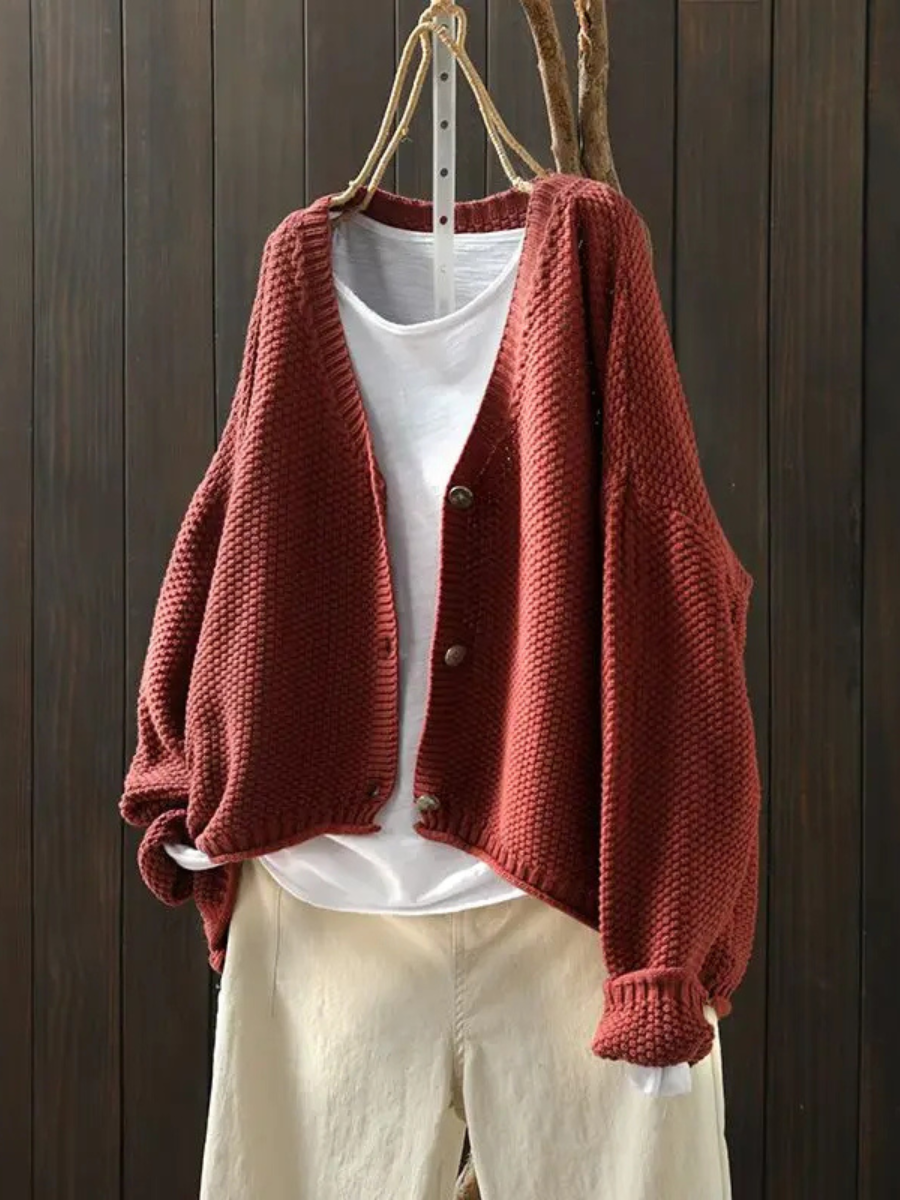 Women's Loose Thick-Knit Cardigan with Deep V Neckline