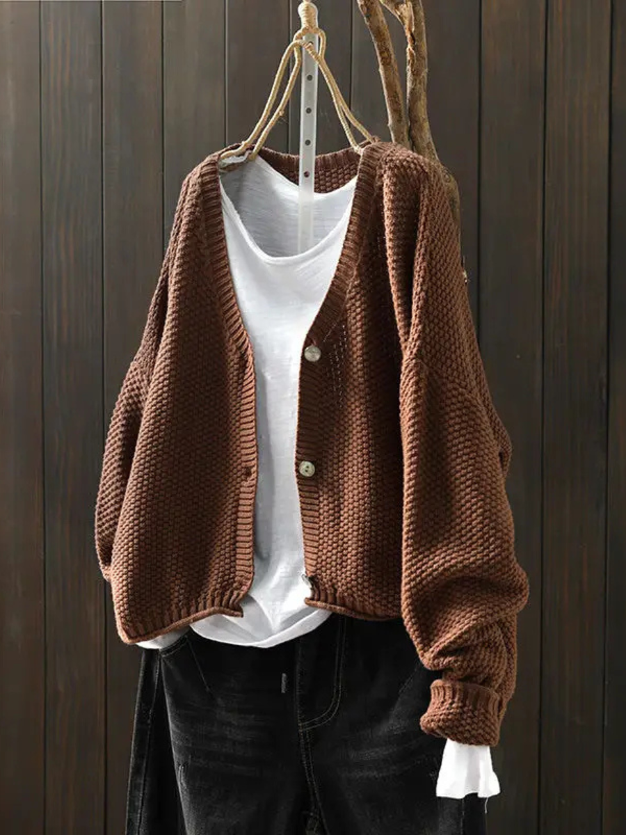 Women's Loose Thick-Knit Cardigan with Deep V Neckline