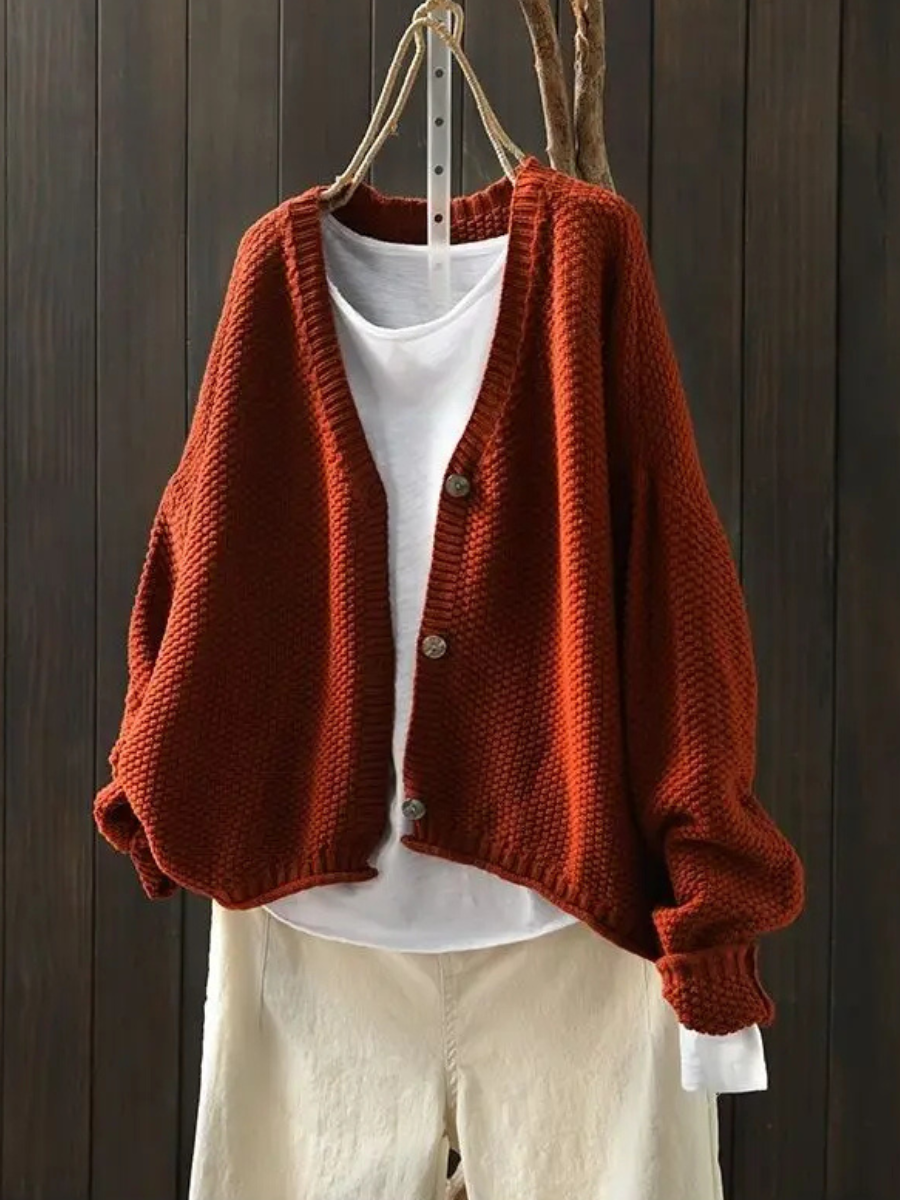 Women's Loose Thick-Knit Cardigan with Deep V Neckline