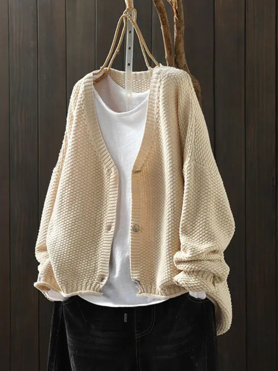 Women's Loose Thick-Knit Cardigan with Deep V Neckline