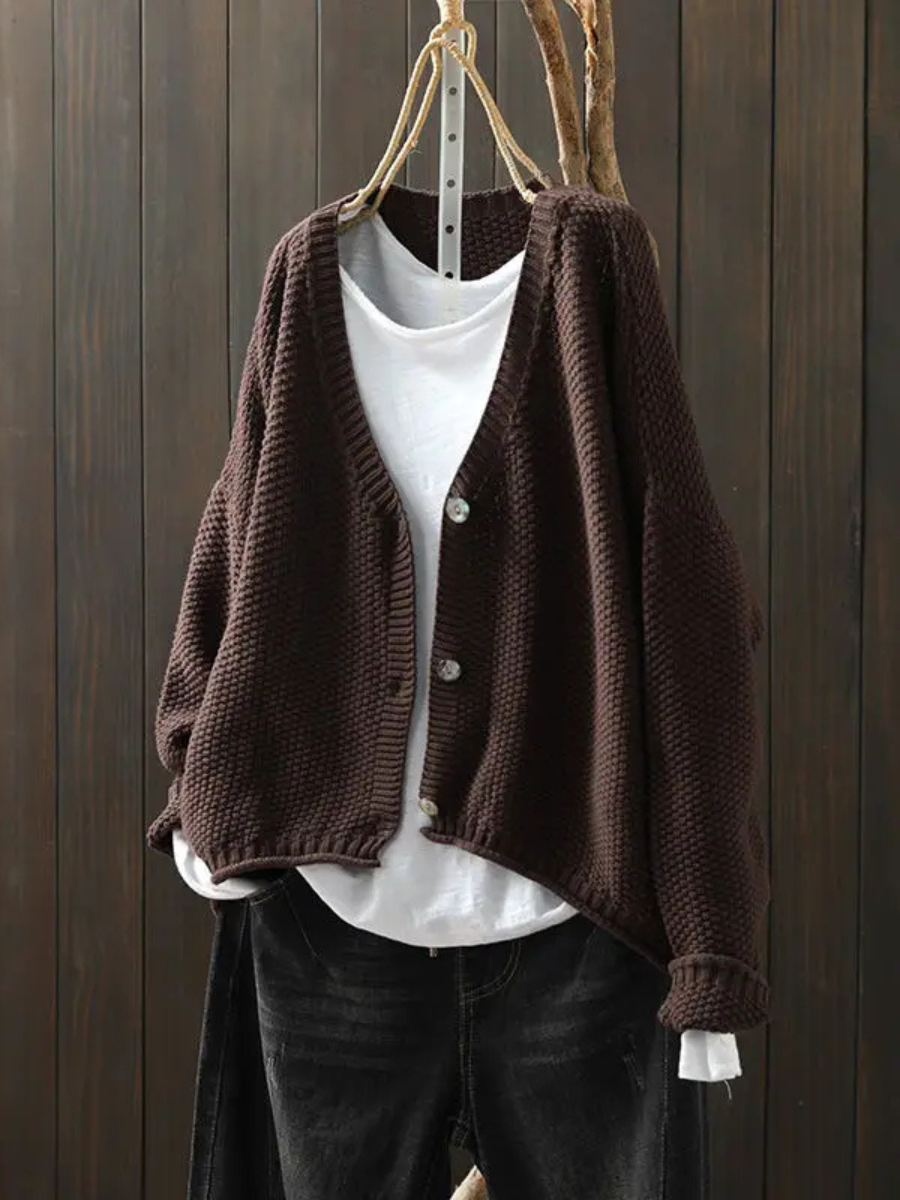 Women's Loose Thick-Knit Cardigan with Deep V Neckline