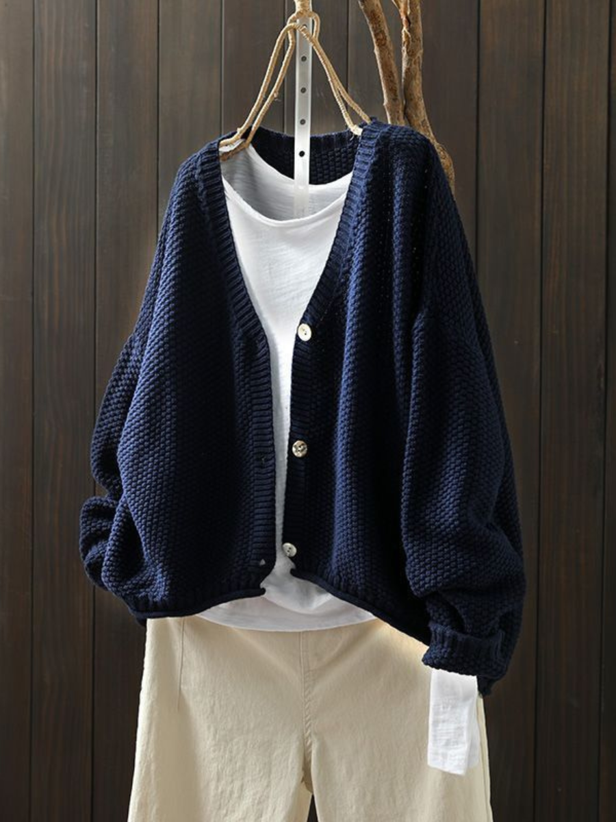 Women's Loose Thick-Knit Cardigan with Deep V Neckline