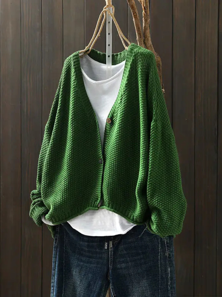 Women's Loose Thick-Knit Cardigan with Deep V Neckline