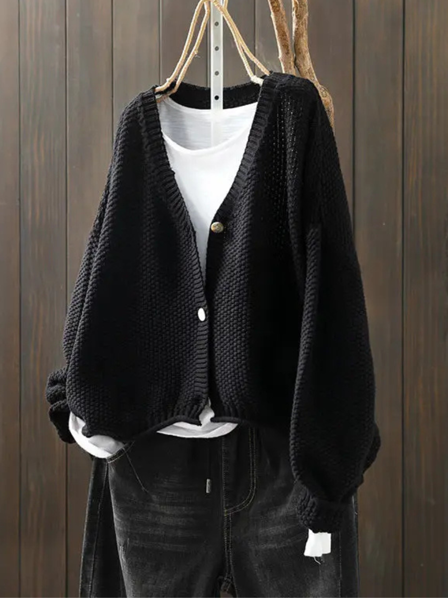 Women's Loose Thick-Knit Cardigan with Deep V Neckline