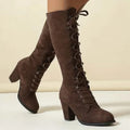 Women's Chunky Block Heel Lace-Up Suede Knee-High Boots