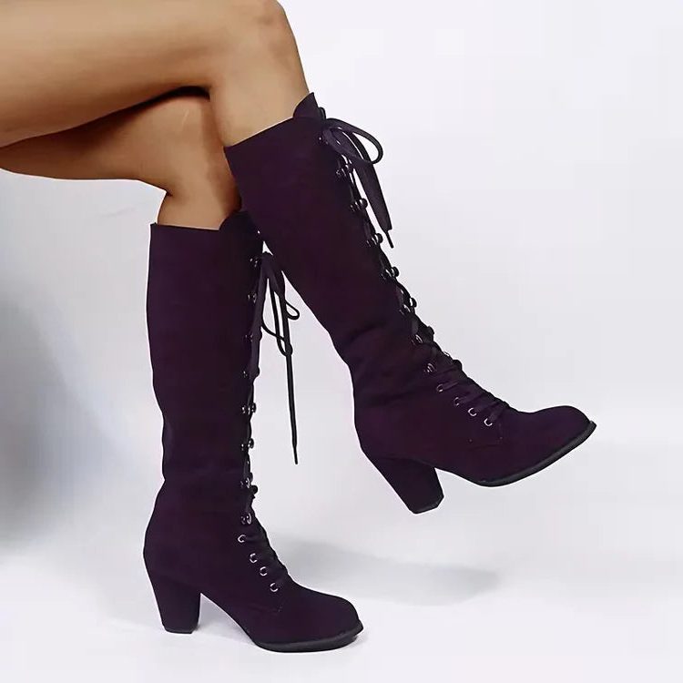 Women's Chunky Block Heel Lace-Up Suede Knee-High Boots