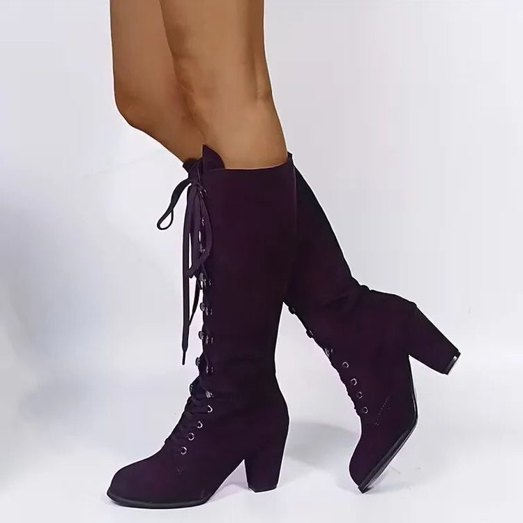 Women's Chunky Block Heel Lace-Up Suede Knee-High Boots