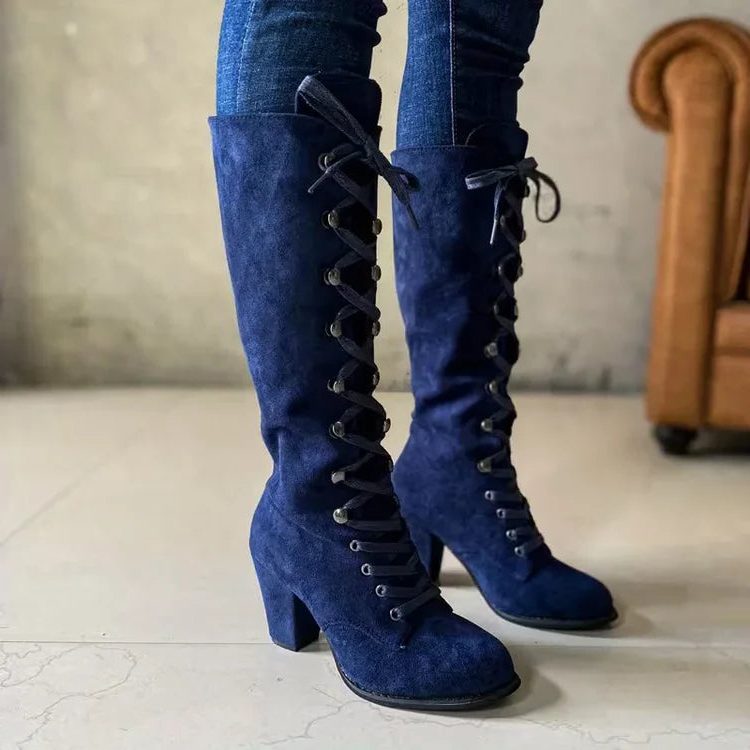 Women's Chunky Block Heel Lace-Up Suede Knee-High Boots