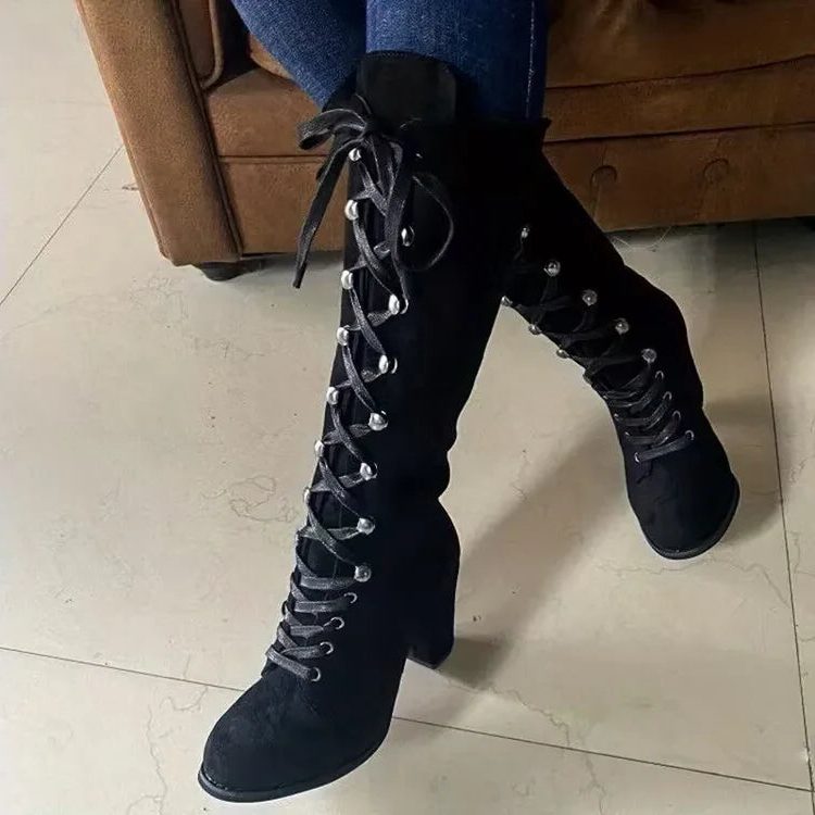 Women's Chunky Block Heel Lace-Up Suede Knee-High Boots