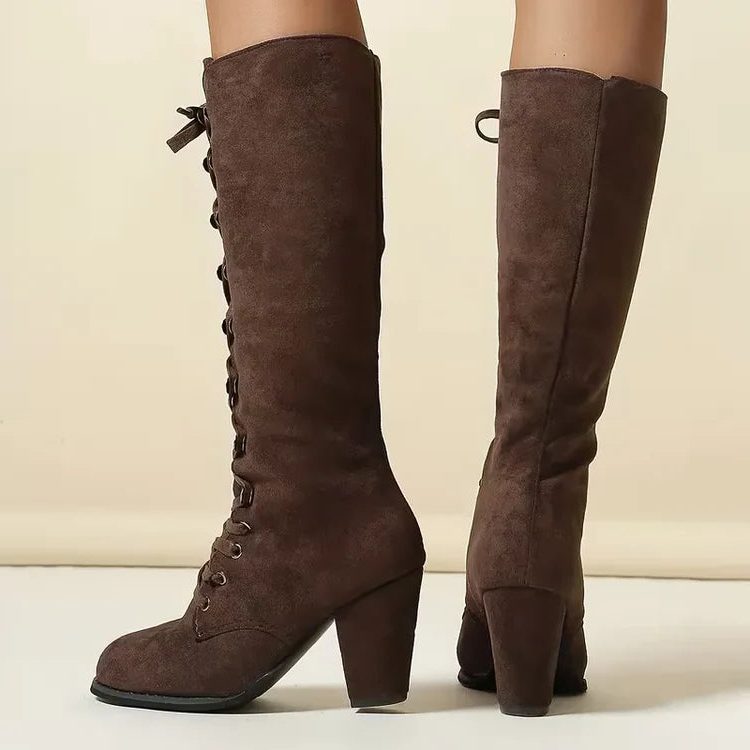 Women's Chunky Block Heel Lace-Up Suede Knee-High Boots